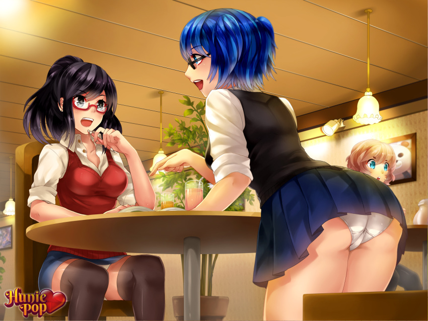 2girls, aiko_yumi, ass, bespectacled, black_hair, blue_eyes, blue_hair, breasts, drink, game_cg, glasses, highres, hunie_pop, kaskia, long_hair, multiple_girls, nikki_ann-marie, official_art, open_mouth, panties, pantyshot, pantyshot_(sitting), pencil, pleated_skirt, ponytail, red-framed_glasses, semi-rimless_glasses, short_twintails, sitting, skirt, studying, sweater_vest, table, thigh-highs, twintails, under-rim_glasses, underwear, white_panties