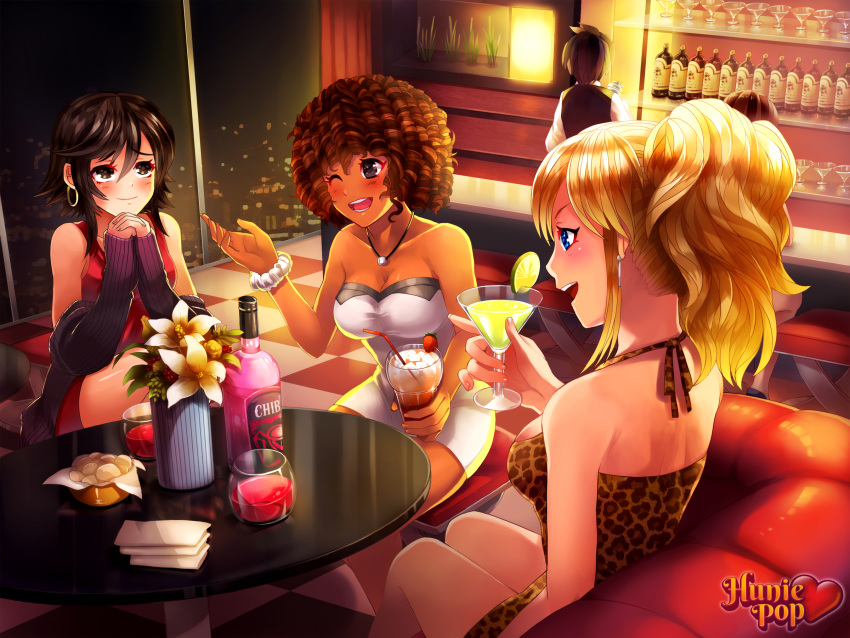 3girls, ;), aiko_yumi, bare_shoulders, black_hair, blonde_hair, blue_eyes, blush