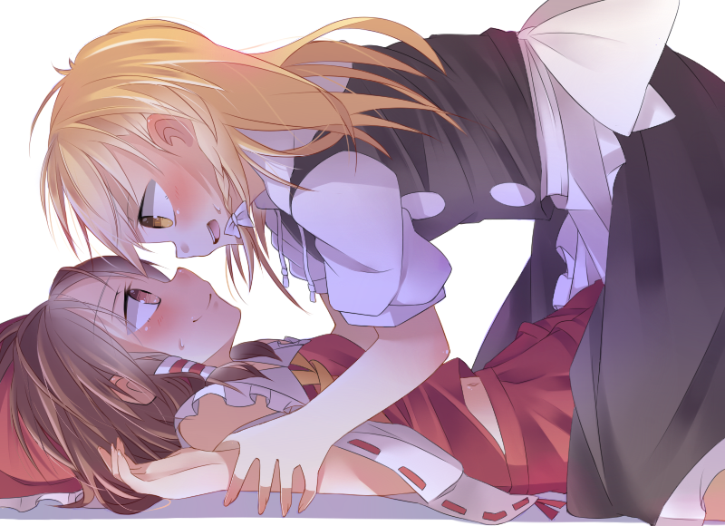 2girls, :d, bbr_brbr, belly_peek, blonde_hair, blush, bow, brown_hair