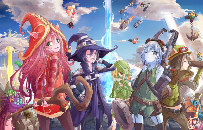 2boys, 6+girls, amumu, anchor, balloon, bandages, baron_nashor, belt, black_legwear, blue_eyes, blue_hair, blue_skin, blush, cannon, clouds, dragon, elise_(league_of_legends), explosion, garter_straps, genderswap, green_eyes, hat, helmet, highres, jinx_(league_of_legends), kurokitsune_(float0108), laser, league_of_legends, long_hair, lulu_(league_of_legends), multiple_boys, multiple_girls, nami_(league_of_legends), nautilus_(league_of_legends), one_eye_closed, pantheon_(league_of_legends), pants, pantyhose, pink_hair, pointy_ears, polearm, poppy, poro_(league_of_legends), purple_hair, rocket, short_hair, shyvana, sign, spear, spider, staff, stretch, teemo, thigh-highs, tristana, veigar, vi_(league_of_legends), weapon, yawning, yellow_eyes, zac