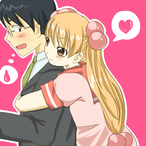 amamizu_(air1012), aoki_daisuke, blonde_hair, blush, formal, glasses, hair_bobbles, hair_ornament