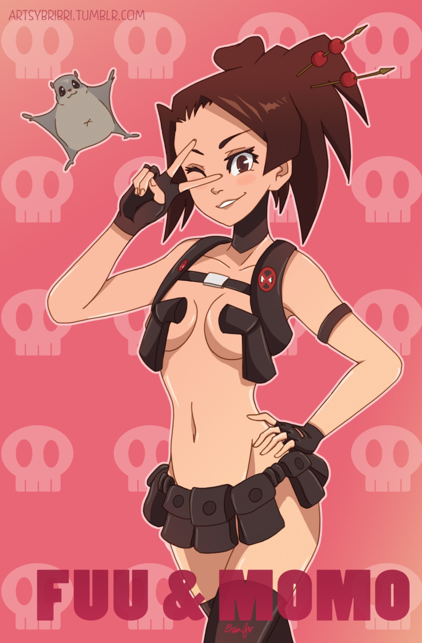 1girl, ;), animal, armband, armpit_holster, belt_pouch, black_legwear, bria_jones, brown_eyes, brown_hair, cosplay, detached_collar, fingerless_gloves, flying_squirrel, fuu, gloves, hair_ornament, hair_stick, hand_on_hip, highres, holster, kill_la_kill, momo_(samurai_champloo), nudist_beach_uniform, one_eye_closed, ponytail, samurai_champloo, smile, solo, squirrel, standing, thigh-highs, v_over_eye