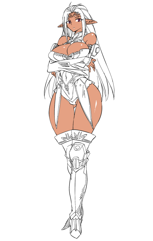 1girl, armored_boots, bajou_takurou, bare_shoulders, boots, breast_hold, breasts, circlet, cleavage, cleavage_cutout, covered_navel, curvy, dark_skin, detached_sleeves, diesel_generator_(ole_tower), full_body, large_breasts, leotard, long_hair, long_sleeves, ole_tower, over-kneehighs, partially_colored, pointy_ears, simple_background, solo, standing, thick_thighs, thigh-highs, thighs, very_long_hair, violet_eyes, white_background