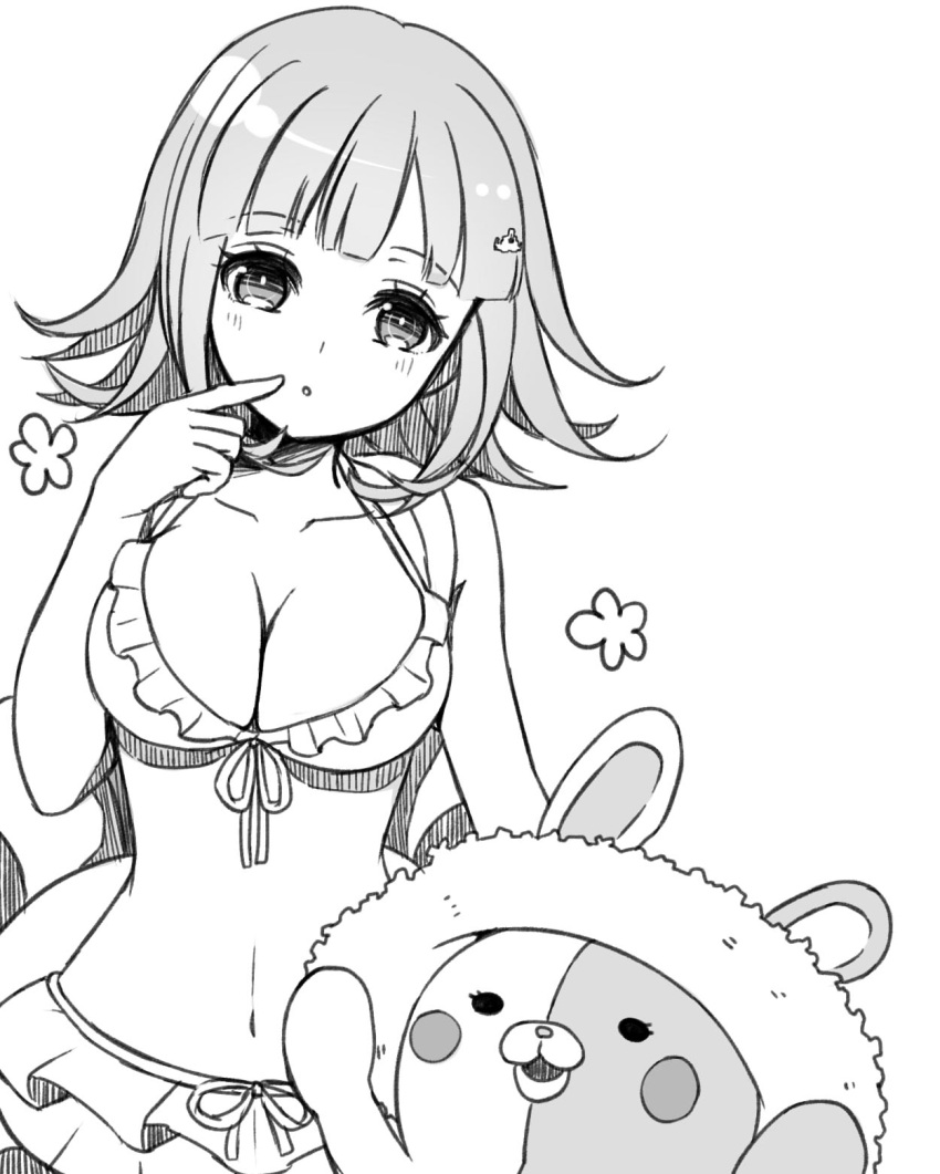 1girl, bikini, bikini_skirt, blush, breasts, cleavage, dangan_ronpa, flipped_hair, greyscale, hair_ornament, hairclip, highres, monochrome, monomi_(dangan_ronpa), nanami_chiaki, navel, nico_(nico_alice), short_hair, simple_background, super_dangan_ronpa_2, swimsuit, white_background