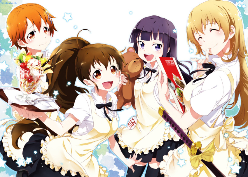 4girls, apron, breasts, brown_eyes, brown_hair, copyright_name, daisy_(working!!), hime_cut