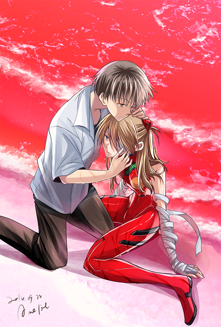1boy, 1girl, amelie, bandage_over_one_eye, bandages, bare_shoulders, beach, blue_eyes