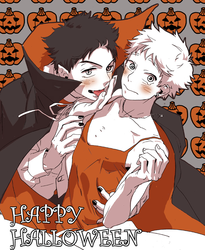 2boys, abe_takaya, arm_around_waist, black_hair, black_nails, blush, bow, bowtie