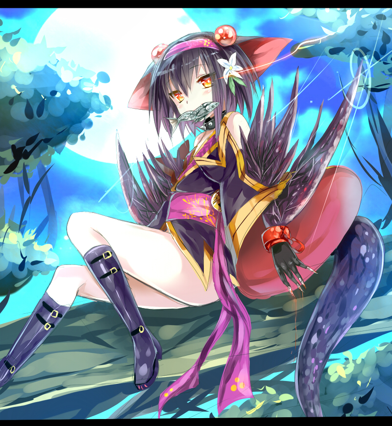 1girl, animal, animal_ears, bare_shoulders, black_dress, black_hair, blood, blush