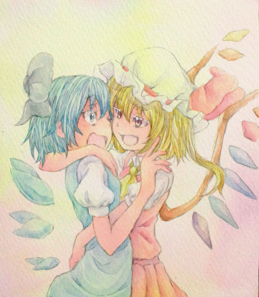 2girls, ascot, blonde_hair, blue_eyes, blue_hair, bow, bust, cirno