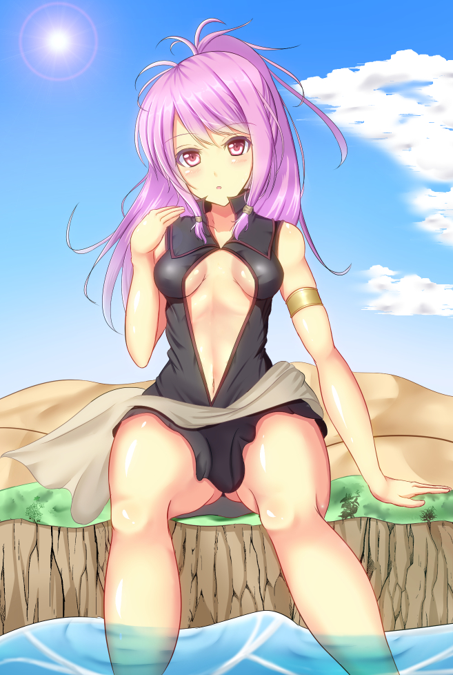 1girl, armlet, breasts, cleavage_cutout, feet_in_water, fire_emblem, fire_emblem:_seima_no_kouseki, long_hair