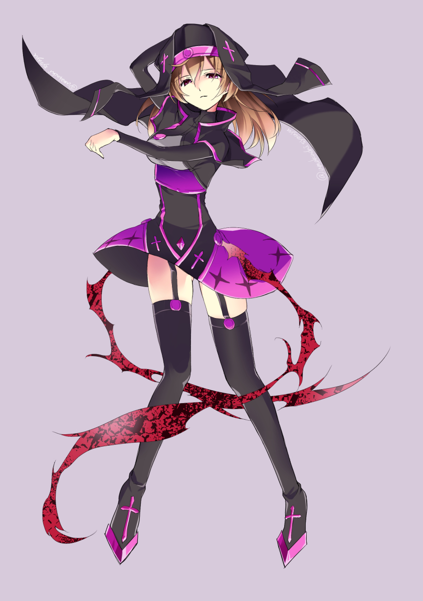 1girl, blonde_hair, capelet, cross, garter_straps, habit, highres, into-rain