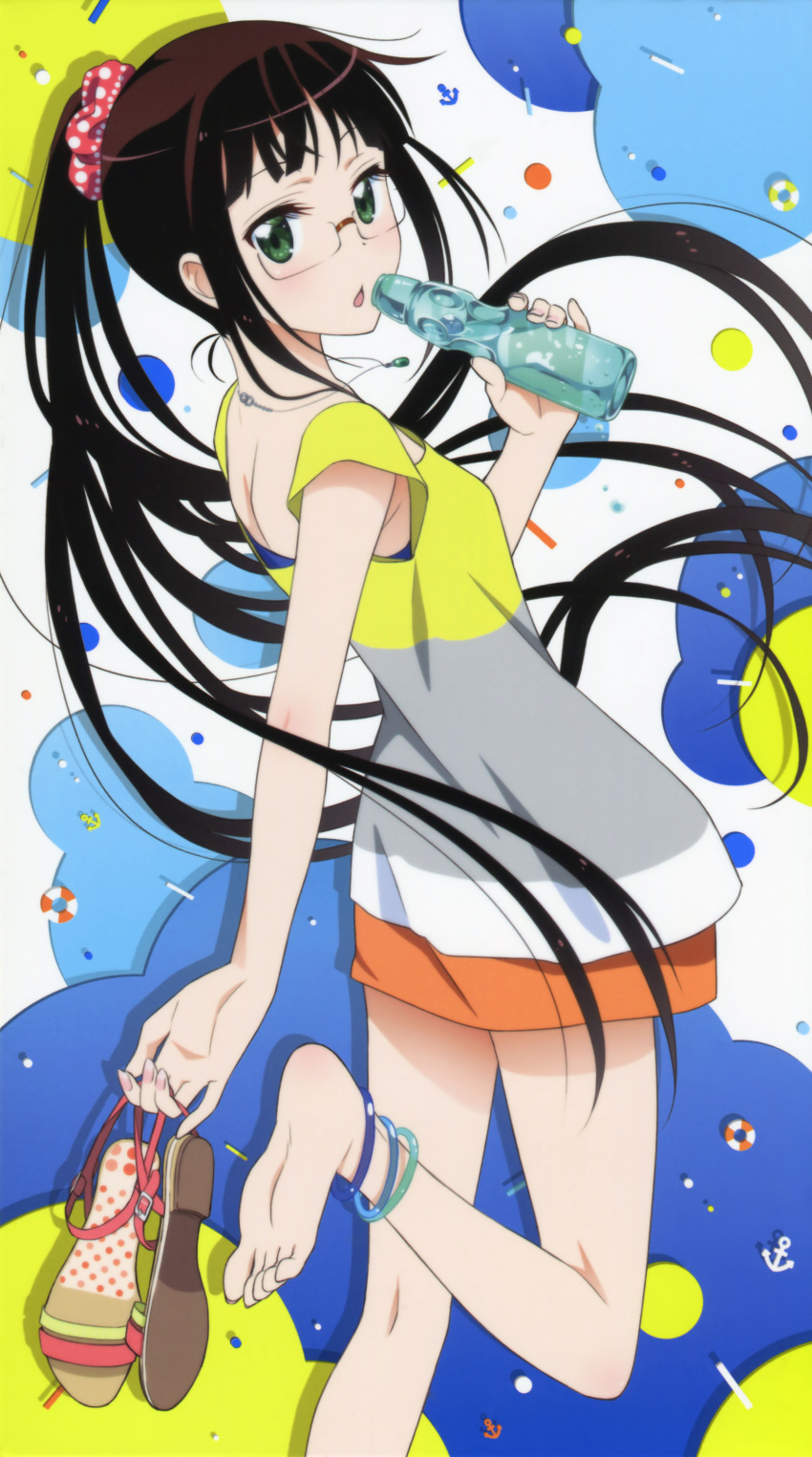 1girl, absurdres, anklet, barefoot, blush, bottle, brown_hair, casual