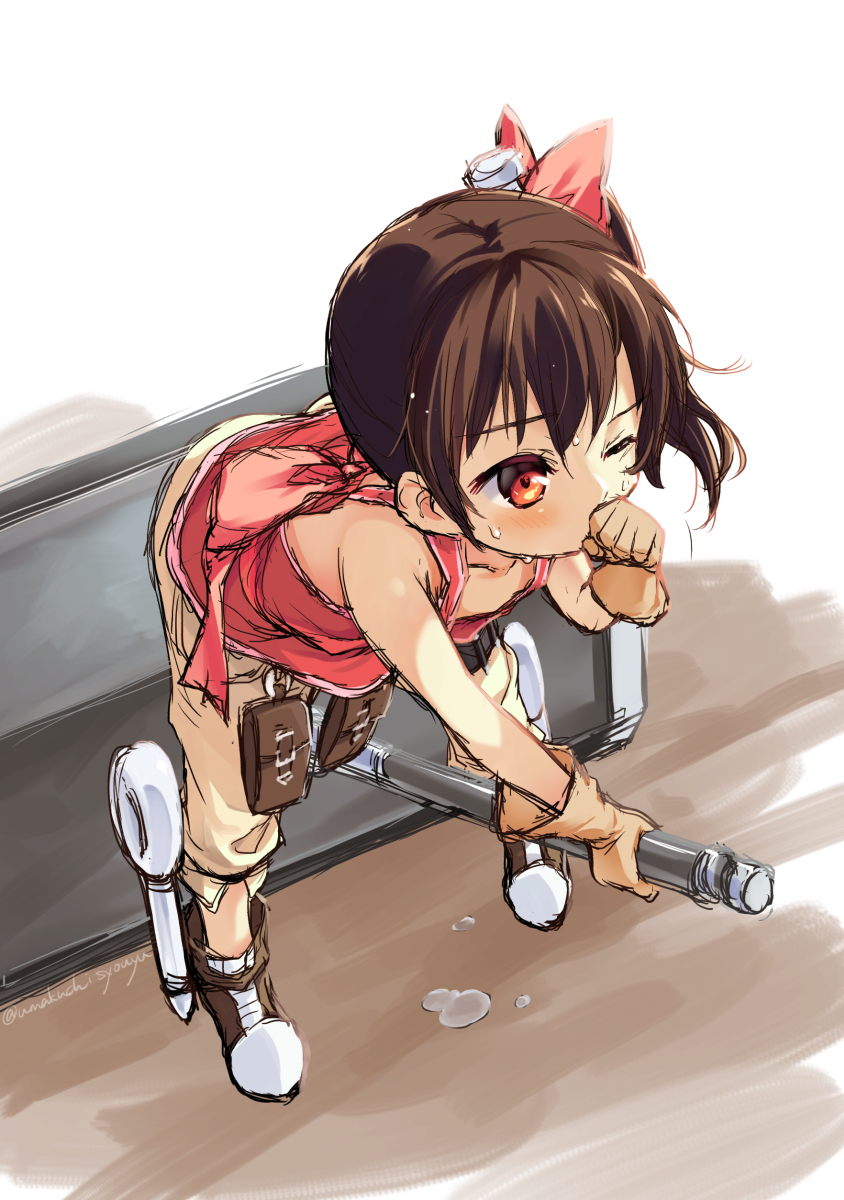 1girl, bare_shoulders, brown_hair, gloves, hair_ornament, hair_ribbon, hammer, hammer_(ole_tower)