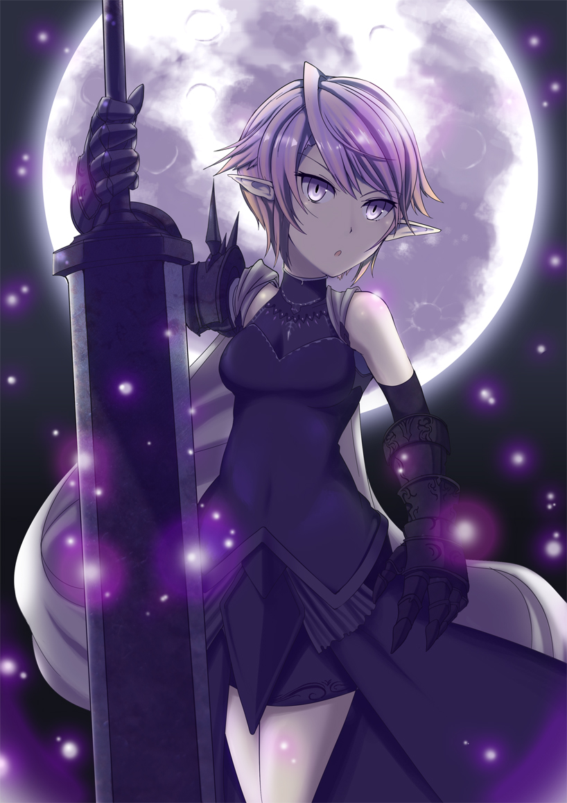 1girl, armor, armored_dress, aroha_j, cape, dress, elf, gauntlets, huge_weapon, moon, night, original, pink_eyes, pink_hair, pointy_ears, short_dress, short_hair, solo, sword, weapon