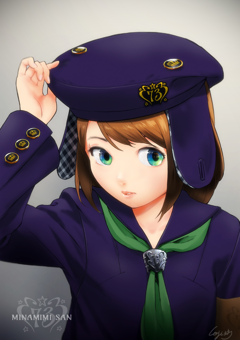 1girl, arm_up, brown_hair, cojibou, cuff_links, green_eyes, hand_on_headwear, hat