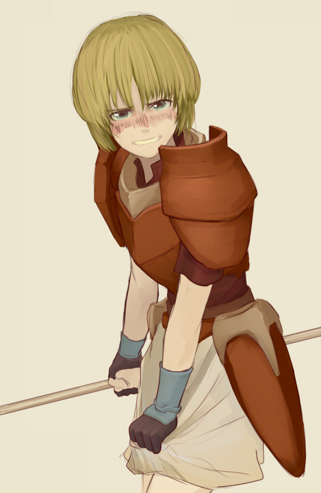 1girl, amelia, armor, blonde_hair, blush, embarrassed, fingerless_gloves, fire_emblem