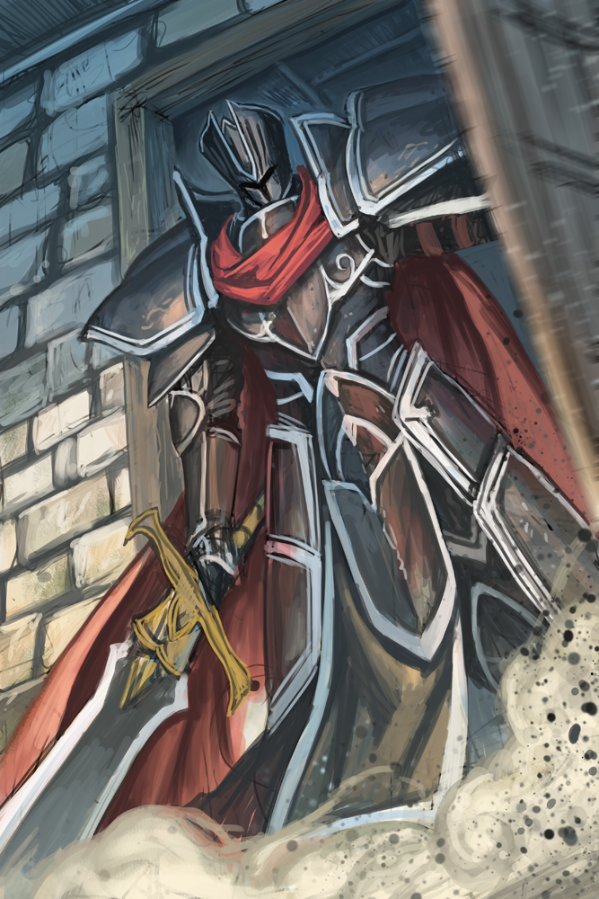 1boy, armor, black_knight, cape, fire_emblem, fire_emblem:_akatsuki_no_megami, fire_emblem:_souen_no_kiseki, full_armor, gauntlets, gloves, helmet, knight, male, okome_(trench), pauldrons, solo, sword, weapon
