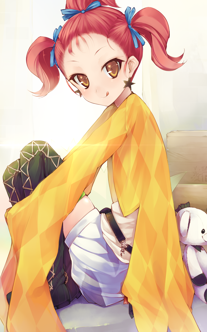 1girl, :q, ahoge, earrings, flat_chest, green_legwear, hair_ribbon, highres, jewelry, looking_at_viewer, ribbon, romancing_saga_3, saga, short_hair, skirt, sleeves_past_wrists, solo, star, star-shaped_pupils, star_earrings, stuffed_animal, stuffed_toy, symbol-shaped_pupils, tanyatonya, tatyana_(romancing_saga), teddy_bear, thigh-highs, tongue, tongue_out, tri_tails, yellow_eyes