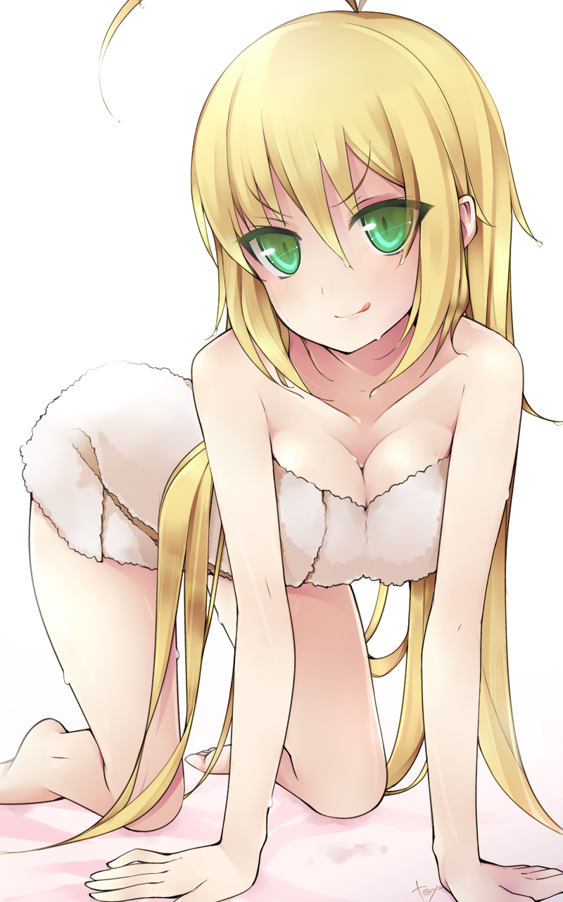 1girl, :q, ahoge, all_fours, bare_shoulders, blonde_hair, blush, breasts