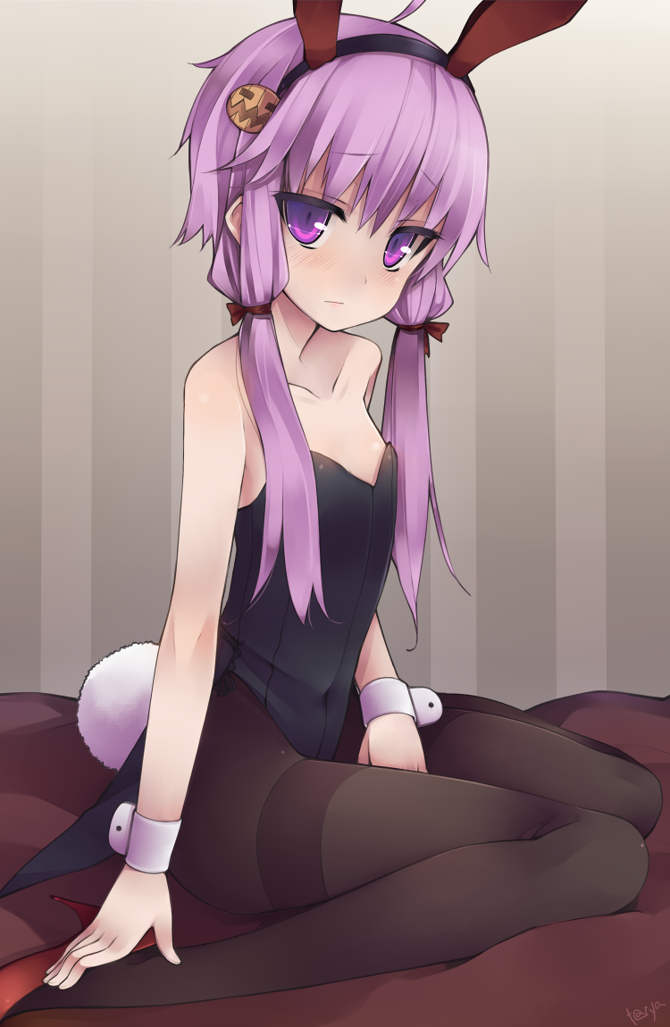 1girl, animal_ears, bare_shoulders, black_legwear, blush, bunny_tail, bunnysuit, collarbone