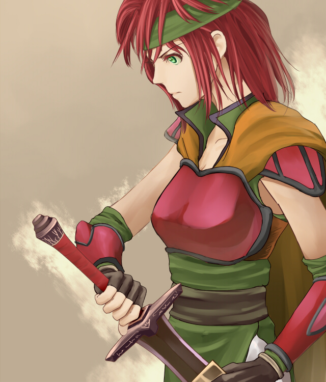 1girl, armor, breasts, drawing_sword, fingerless_gloves, gloves, green_eyes, headband, julia_(tear_ring_saga), nonji_(sayglo_halo), pauldrons, redhead, sheath, solo, sword, tear_ring_saga, weapon
