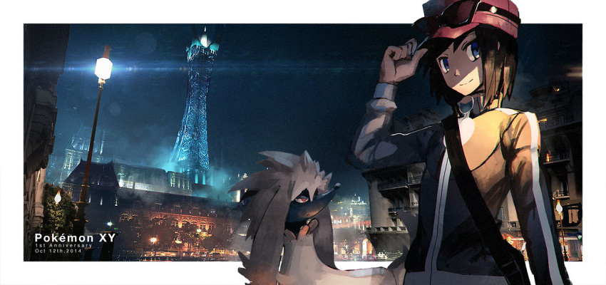1boy, baseball_cap, blue_eyes, brown_hair, calme_(pokemon), furfrou, hat, photo_background