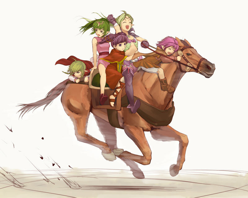 5girls, :d, ahoge, bloomers, boots, bow, braid, bridle