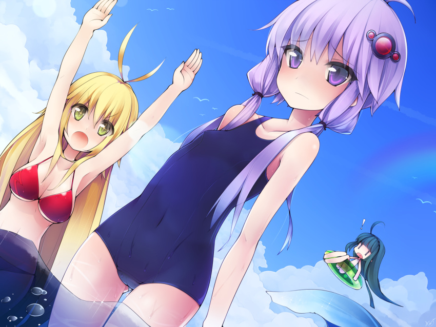 +_+, :o, ahoge, antenna_hair, aqua_hair, armpits, arms_up, bikini