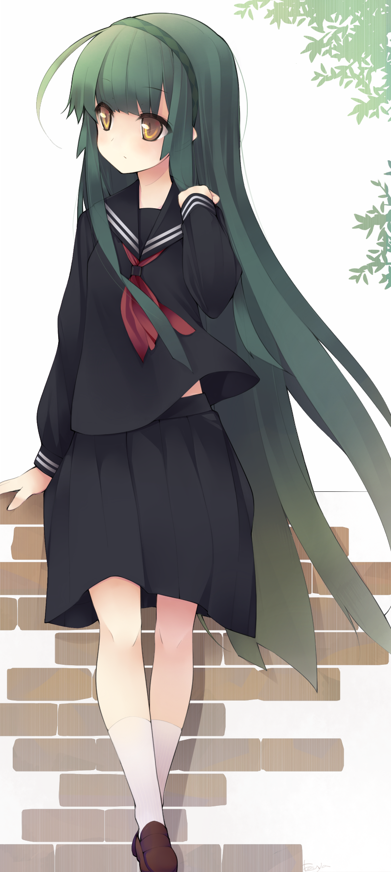 1girl, ahoge, green_hair, highres, long_hair, looking_away, school_uniform, serafuku