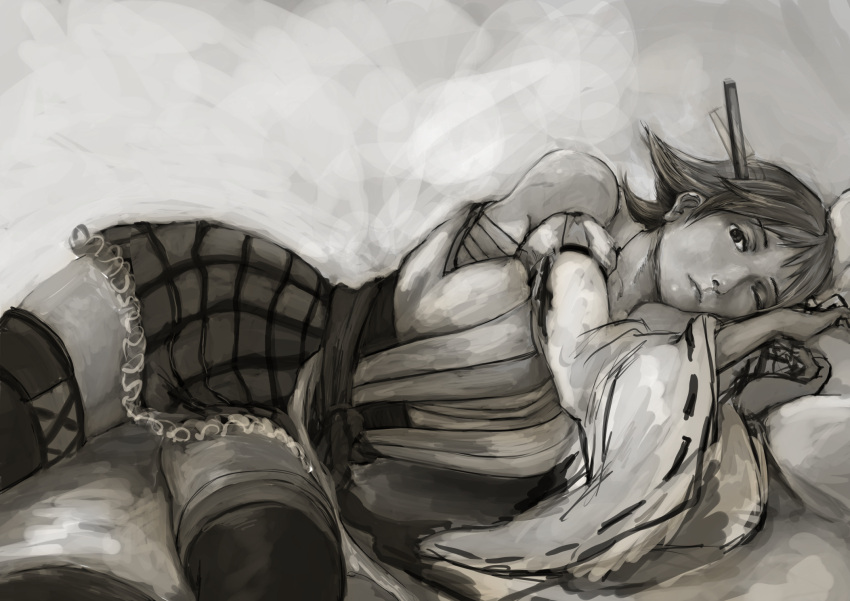 1girl, breasts, detached_sleeves, expressionless, headgear, hiei_(kantai_collection), highres, kantai_collection, large_breasts, lips, long_hair, looking_at_viewer, lying, monochrome, nontraditional_miko, nose, on_side, one_eye_closed, plaid, plaid_skirt, ribbon-trimmed_sleeves, ribbon_trim, sarashi, short_hair, sketch, skirt, solo, thigh-highs, toujou