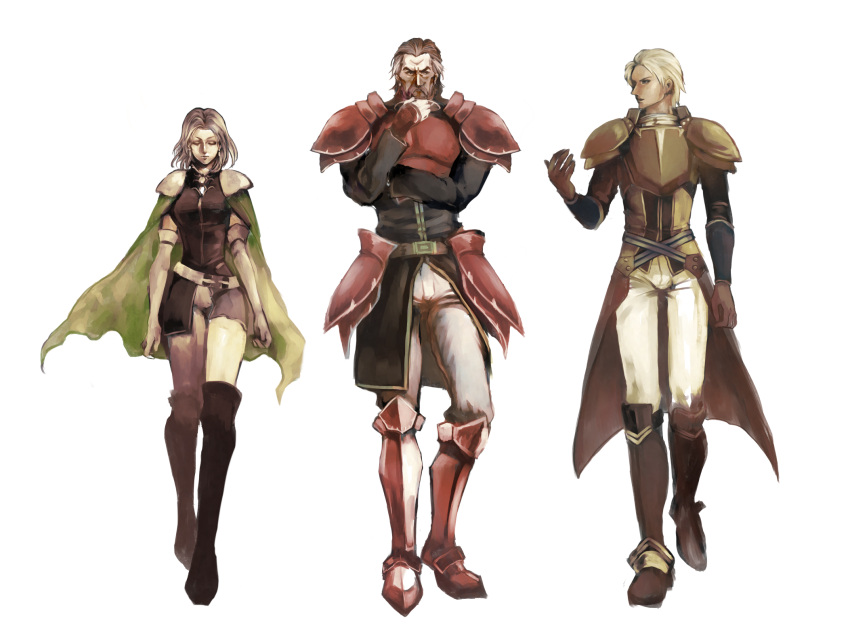 1girl, 2boys, armor, beard, belt, blonde_hair, boots, brown_hair, closed_eyes, duessel, earrings, elbow_gloves, facial_hair, fire_emblem, fire_emblem:_seima_no_kouseki, glen_(fire_emblem), gloves, greaves, grey_hair, highres, ikayara-knight, jewelry, multicolored_hair, multiple_boys, mustache, pants, pauldrons, selena_(fire_emblem), short_hair, stroking_beard, thigh-highs, thigh_boots, two-tone_hair