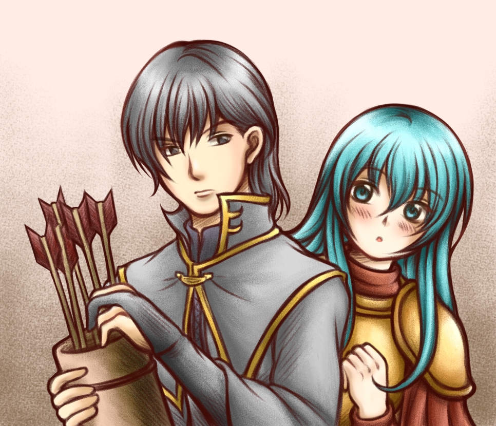 1boy, 1girl, armor, arrow, blue_eyes, blue_hair, blush, cape