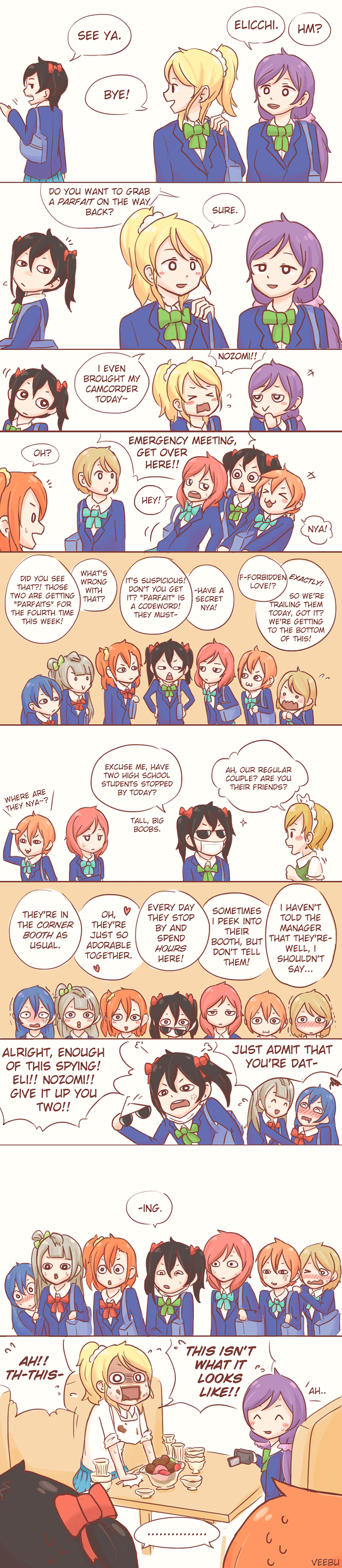 6+girls, absurdres, ayase_eli, camcorder, comedy, comic, english, food