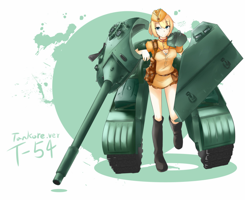 1girl, appetizer_(gray), armor, artist_name, blonde_hair, blue_eyes, boots, cannon, caterpillar_tracks, character_name, dated, garrison_cap, hammer_and_sickle, hat, highres, mecha_musume, military, military_vehicle, original, personification, short_hair, skirt, solo, t-54, tank, turret, vehicle