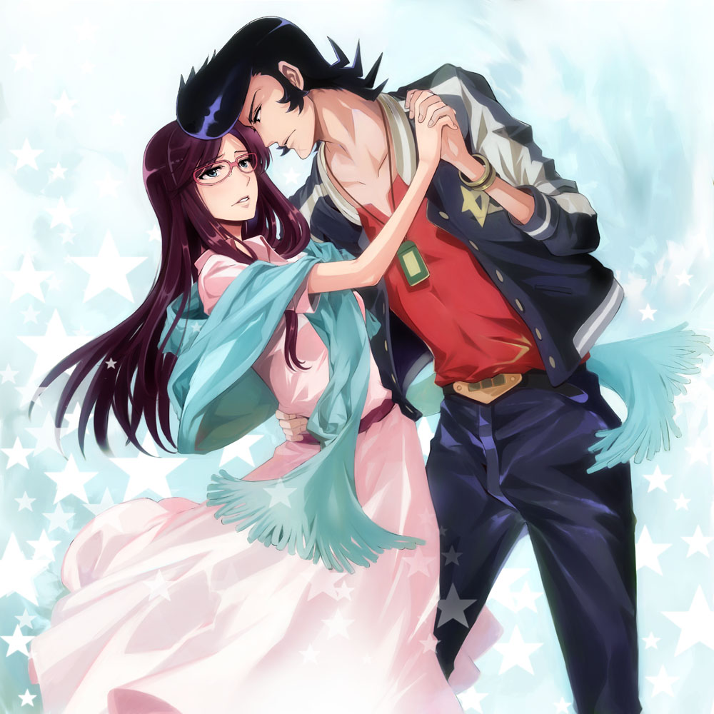 1boy, 1girl, black_hair, blue_eyes, bracelet, dancing, dandy_(space_dandy), dress