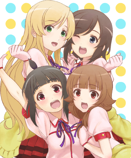 blonde_hair, breasts, brown_hair, futsuu_no_joshikousei_ga_locodol_yattemita, green_eyes, kohinata_yukari, long_hair, mikoze_yui