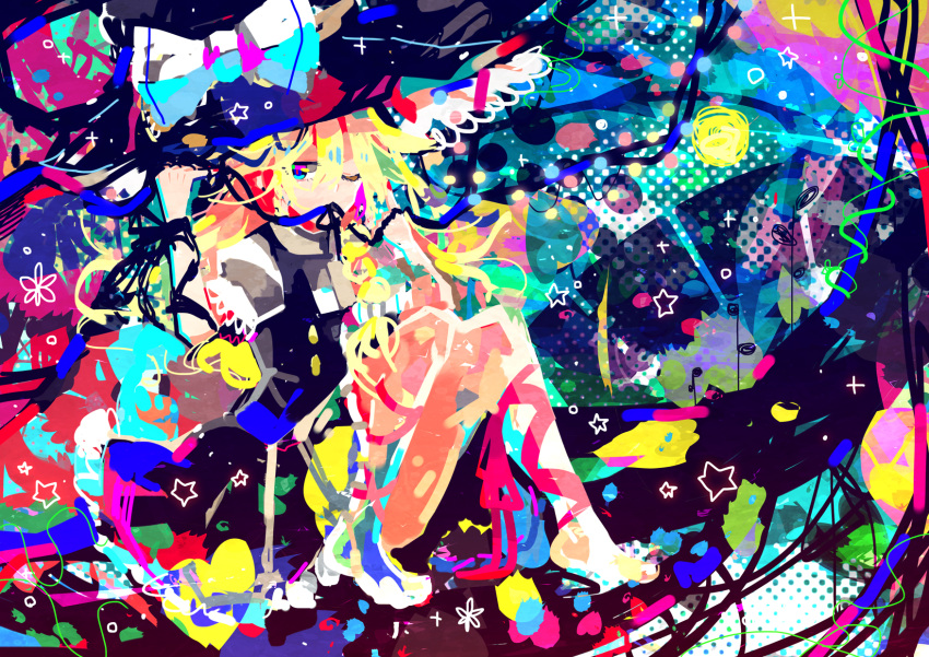 1girl, black_dress, blonde_hair, blue_eyes, bow, braid, closed_eyes, dress, hair_bow, hat, hat_bow, hazuki_shino, highres, kirisame_marisa, long_hair, mouth_hold, multicolored_eyes, one_eye_closed, puffy_short_sleeves, puffy_sleeves, shirt, short_sleeves, single_braid, skirt, skirt_set, solo, star, touhou, vest, witch, witch_hat