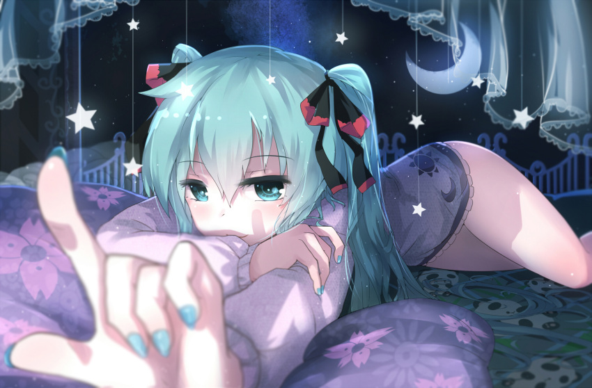 1girl, aqua_eyes, aqua_hair, bai_yemeng, hair_ribbon, hands, hatsune_miku, highres