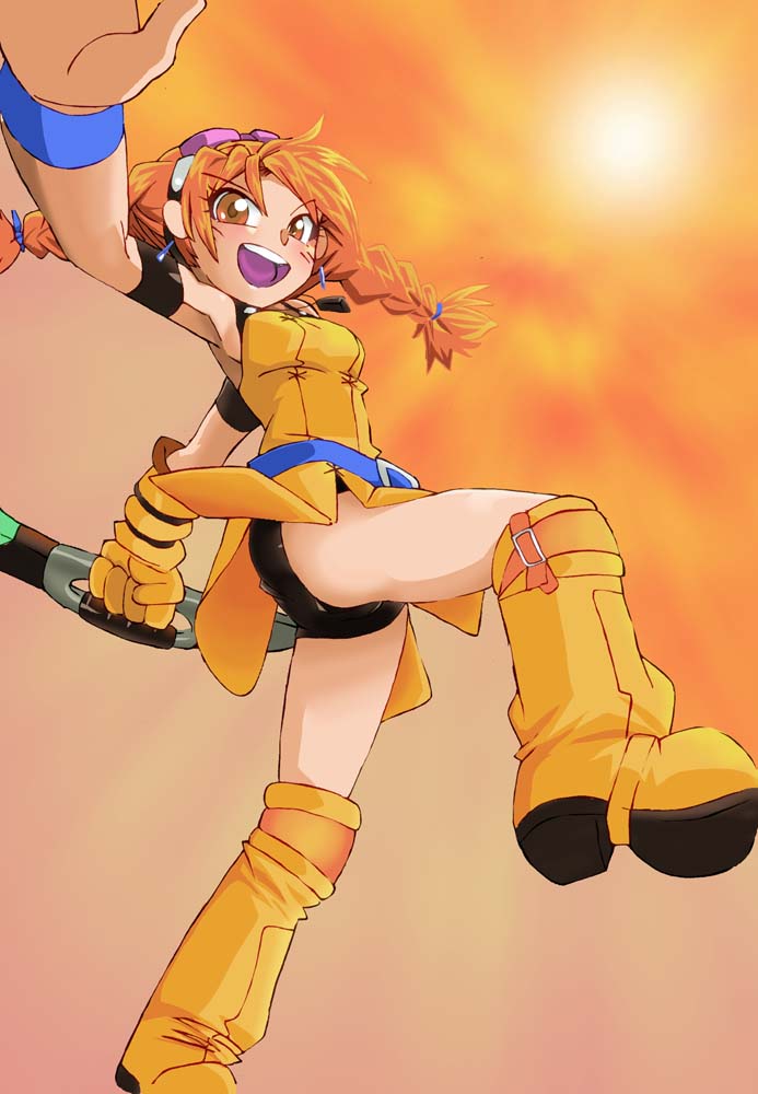 1girl, :d, aika_(eternal_arcadia), bike_shorts, boots, braid, brown_eyes, earrings