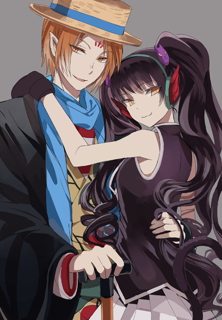 1boy, 1girl, black_hair, gon_(hoozuki_no_reitetsu), hat, headphones, hoozuki_no_reitetsu, japanese_clothes, long_hair, miki_(hoozuki_no_reitetsu), orange_hair, short_hair, soraraido, twintails, very_long_hair