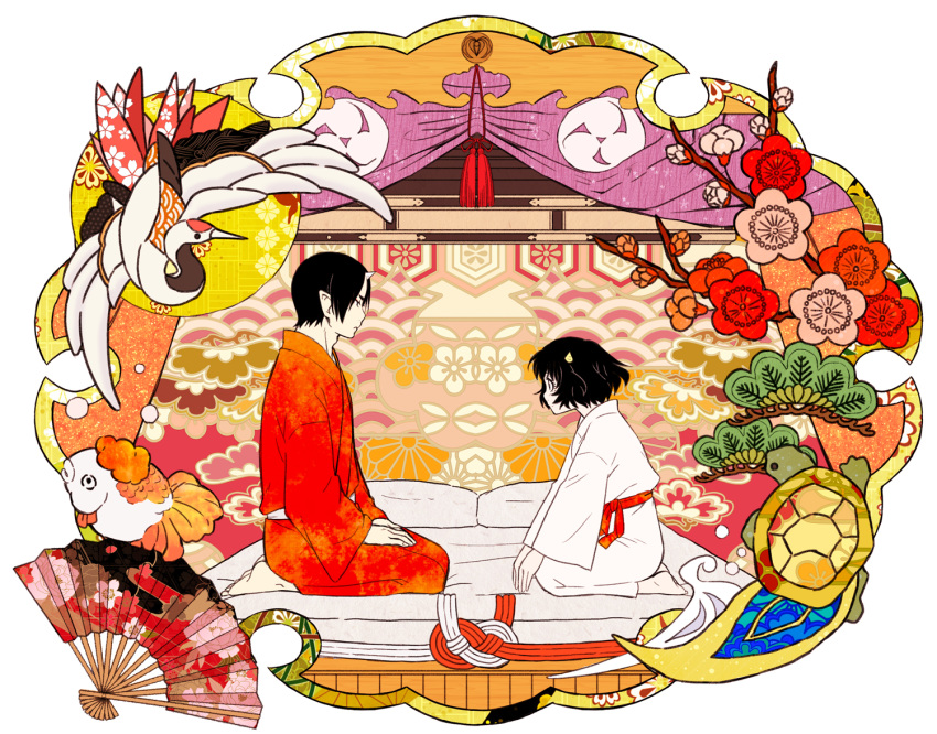 1boy, 1girl, black_hair, e-0057, futon, hoozuki_(hoozuki_no_reitetsu), hoozuki_no_reitetsu, horn