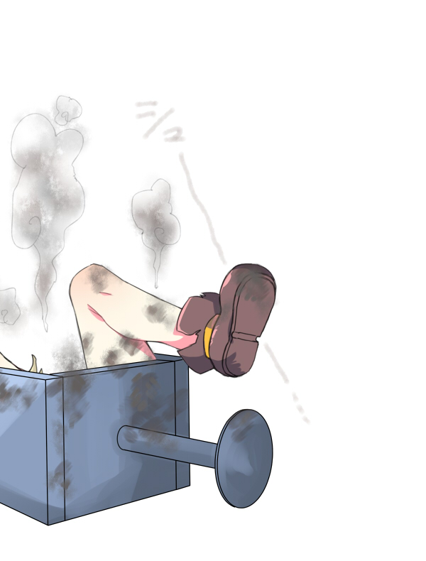 1girl, ankle_boots, asphalt_cutter_(ole_tower), bare_shoulders, boots, brown_boots, brown_gloves, chair, fallen_down, gloves, muhirora, ole_tower, simple_background, smoke, solo, torn_clothes, translation_request