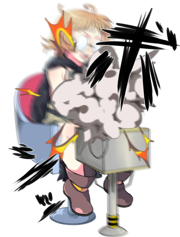 >:d, 1girl, :d, ahoge, ankle_boots, asphalt_cutter, asphalt_cutter_(ole_tower), bare_shoulders, boots, brown_boots, brown_gloves, cape, chair, dress, explosion, failure, glasses, gloves, motion_blur, muhirora, ole_tower, open_mouth, orange_hair, short_hair, simple_background, sitting, smile, smoke, solo