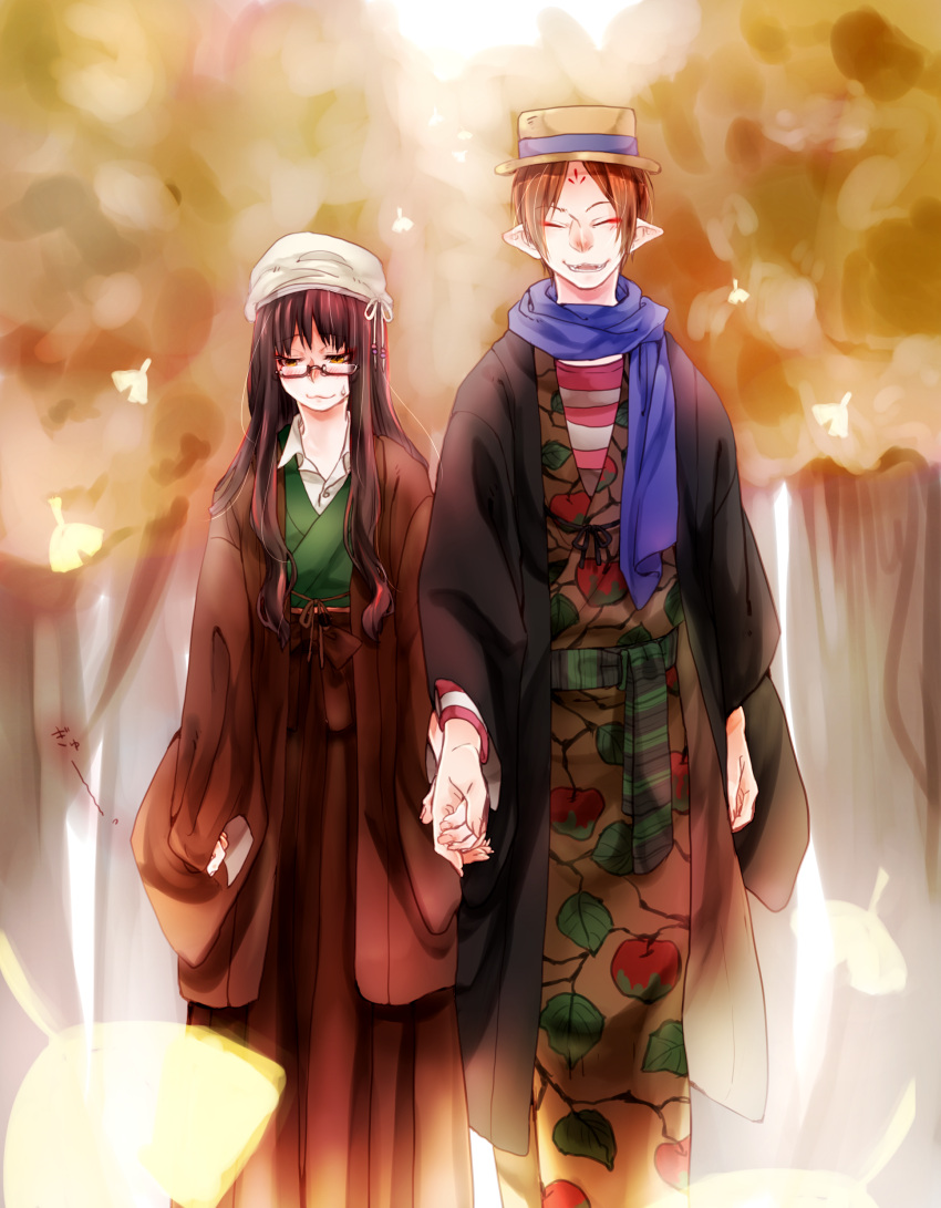 1boy, 1girl, absurdres, black_hair, blush, brown_hair, glasses, gon_(hoozuki_no_reitetsu)