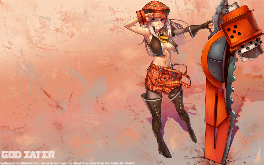 alisa_ilinichina_amiella, boots, breasts, god_eater, hat, hidekeitaro, highres, large_breasts, miniskirt, pantyhose, silver_hair, skirt, sword, thigh-highs, thigh_boots, under_boob, weapon
