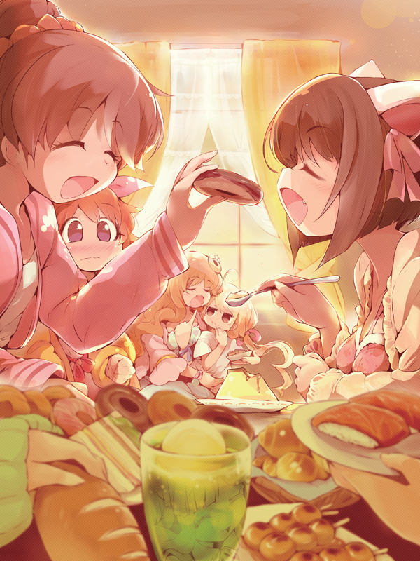 5girls, :d, ^_^, abe_nana, animal_ears, bracelet, bread, brown_hair, cat_ears, closed_eyes, curtains, dango, doughnut, eating, fang, feeding, food, futaba_anzu, hair_ornament, hair_ribbon, ice_cream_float, idolmaster, idolmaster_cinderella_girls, jewelry, maekawa_miku, moroboshi_kirari, multiple_girls, open_mouth, plate, pov_hands, pudding, ribbon, scrunchie, shiina_noriko, smile, t-shirt, usoneko, wagashi, window