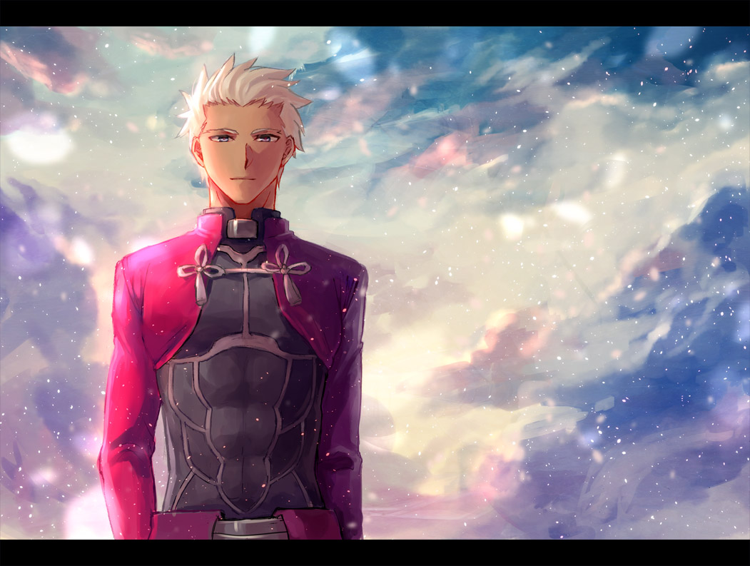 1boy, archer, blue_hair, brown_hair, character_doll, collar, fate/extra, fate/extra_ccc, fate/stay_night, fate_(series), jacket, kishinami_hakuno_(female), lancer, leather, leather_pants, open_clothes, open_jacket, pants, red_jacket, takeshi_kai, white_hair