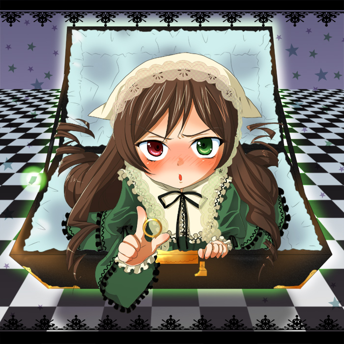 angry, asami, blush, bow, box, brown_hair, checkered, checkered_floor, dress, drill_hair, frills, from_above, gift, green_eyes, hat, heterochromia, holding, holding_gift, in_box, in_container, jewelry, lace, letterboxed, lolita_fashion, long_hair, looking_at_viewer, open_mouth, red_eyes, ring, rozen_maiden, solo, star, suiseiseki, treasure_chest, very_long_hair