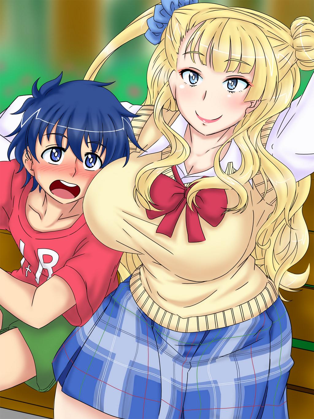 1boy, 1girl, asymmetrical_hair, bench, black_hair, blue_eyes, blush, bow