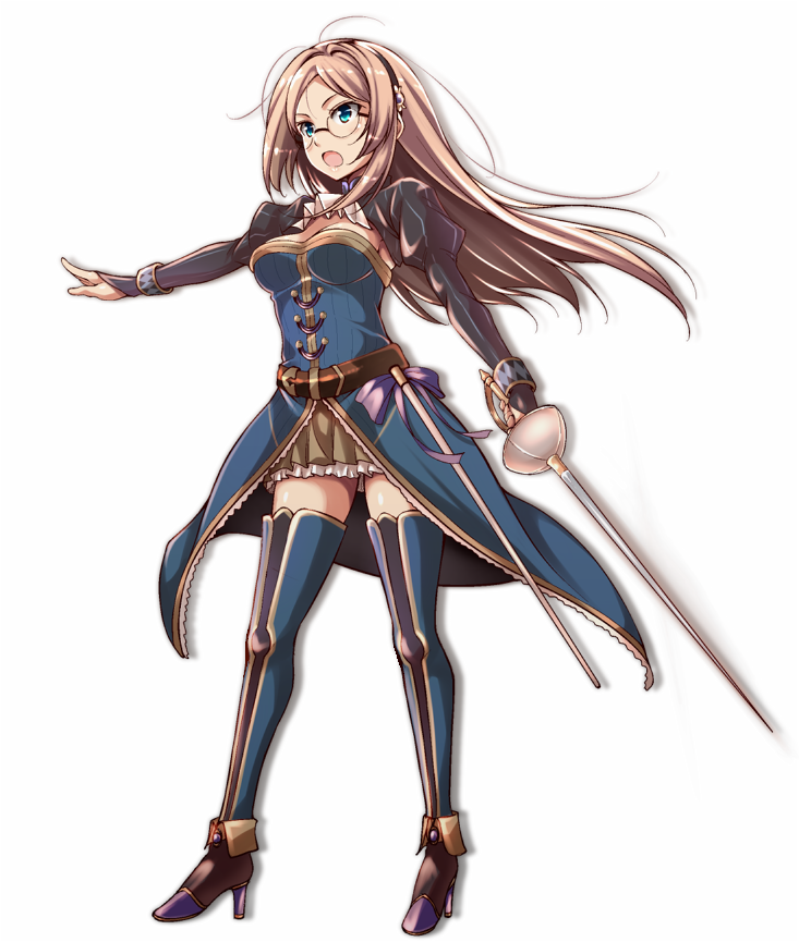 1girl, big_wednesday, blonde_hair, blue_legwear, breasts, full_body, glasses, hairband, high_heels, katie_(sennen_sensou_aigis), long_hair, open_mouth, outstretched_arms, rapier, sennen_sensou_aigis, skirt, solo, standing, sword, thigh-highs, weapon, white_background, zettai_ryouiki
